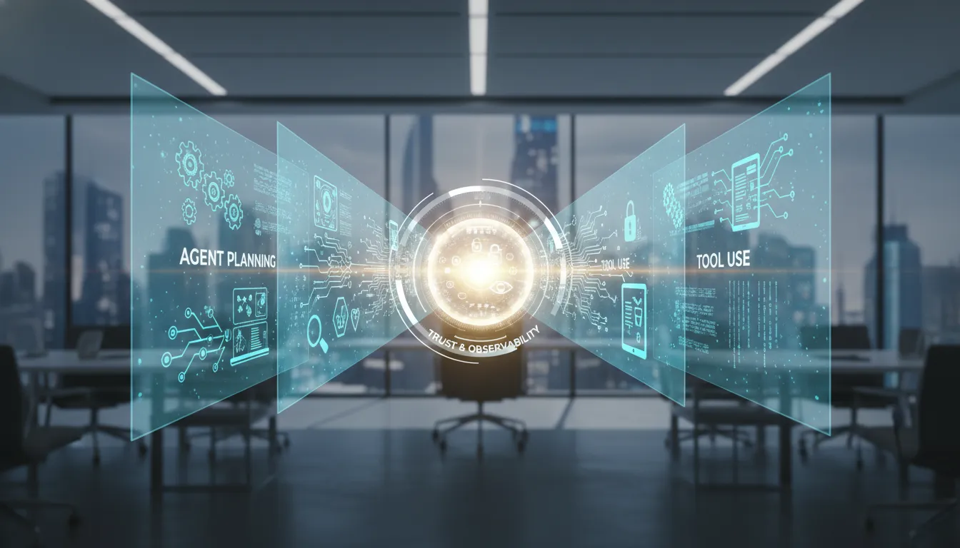 Vizuální zobrazení podnikového AI agenta získávajícího důvěru pomocí plánování, nástrojů a observability, s abstraktními holografickými prvky bez textu.