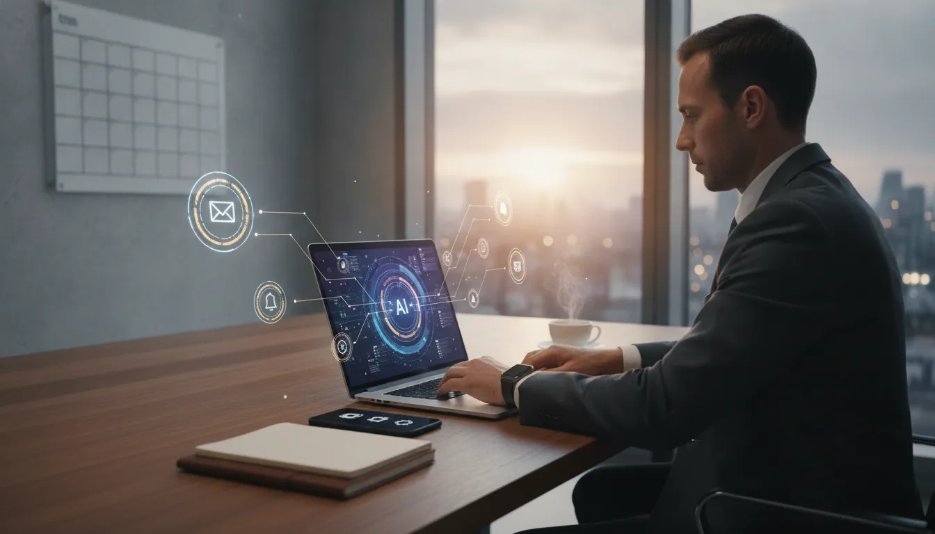 Ilustrace pondělní ranní rutiny s AI v kanceláři: manažer propojuje laptop, mobil a holografický workflow bez textu