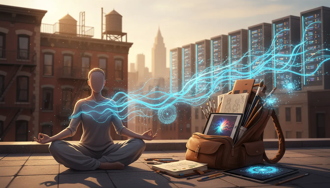 Open backpack revealing a portable studio: a qigong practitioner, artistic tools and glowing AI data streams linking a Harlem-style skyline to distant server racks, symbolizing infrastructure-powered creativity.