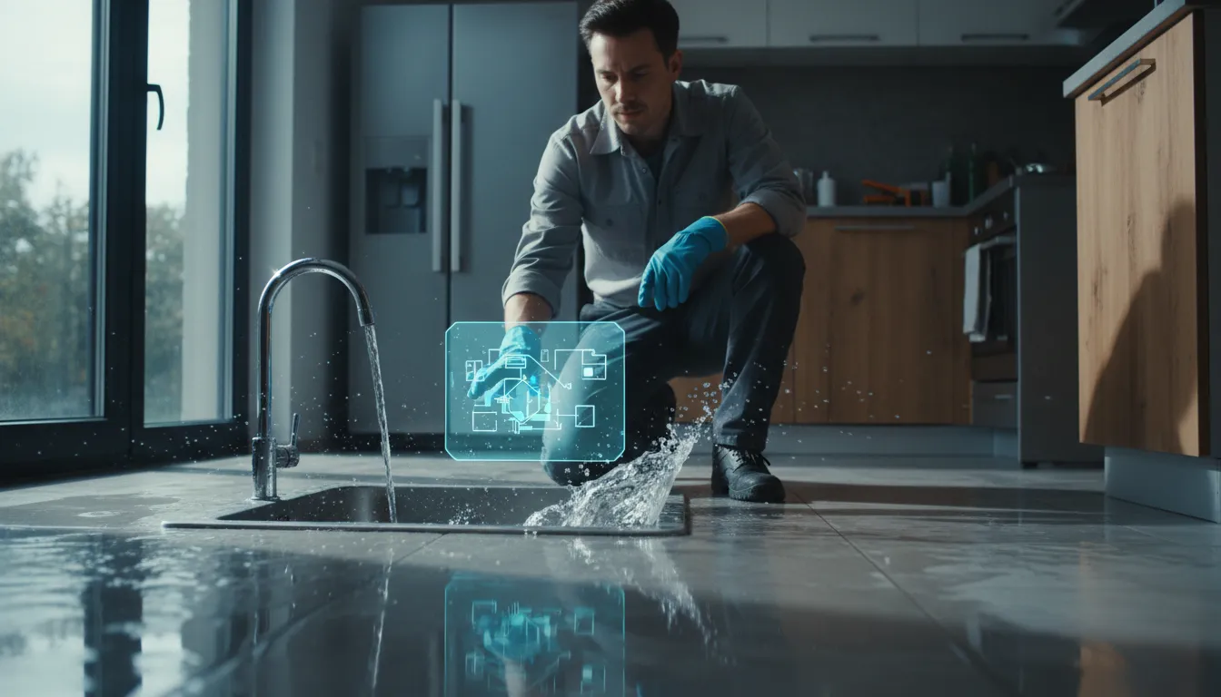 Přetékající voda z umyvadla nebo odtoku a člověk s abstraktní AI holografickou pomůckou naznačující rychlé chytré řešení bez textu