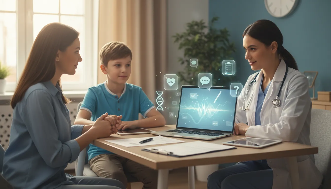 Matka se synem při lékařské konzultaci u lékaře, notebook s abstraktním AI vizuálem a průhledné lékařské ikony; scéna vyzařuje klid, podporu a jasné porozumění.