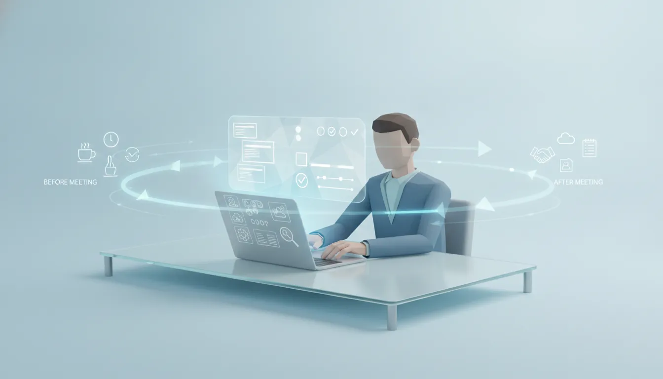 Ilustrace obchodníka připravujícího se na schůzku se zákazníkem s abstraktním dashboardem a propojeným workflow znázorňujícím přípravu a následné kroky bez textu.