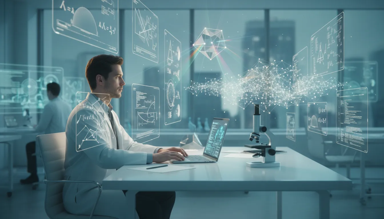 Vědec u moderního stolu obklopený holografickými vědeckými dokumenty, plovoucími LaTeXovými rovnicemi a duhovým prizmatickým světlem, které symbolizuje AI propojující poznámky a výzkum.