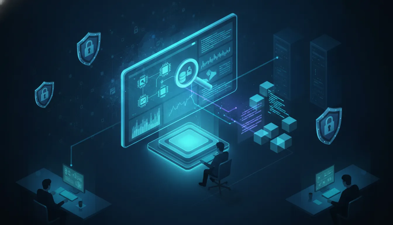 Ilustrace produkčního monitoringu při incidentu: dashboard s metrikami, propojení služeb a bezpečnostní vrstva v kontextu Kubernetes a analýzy příčin.