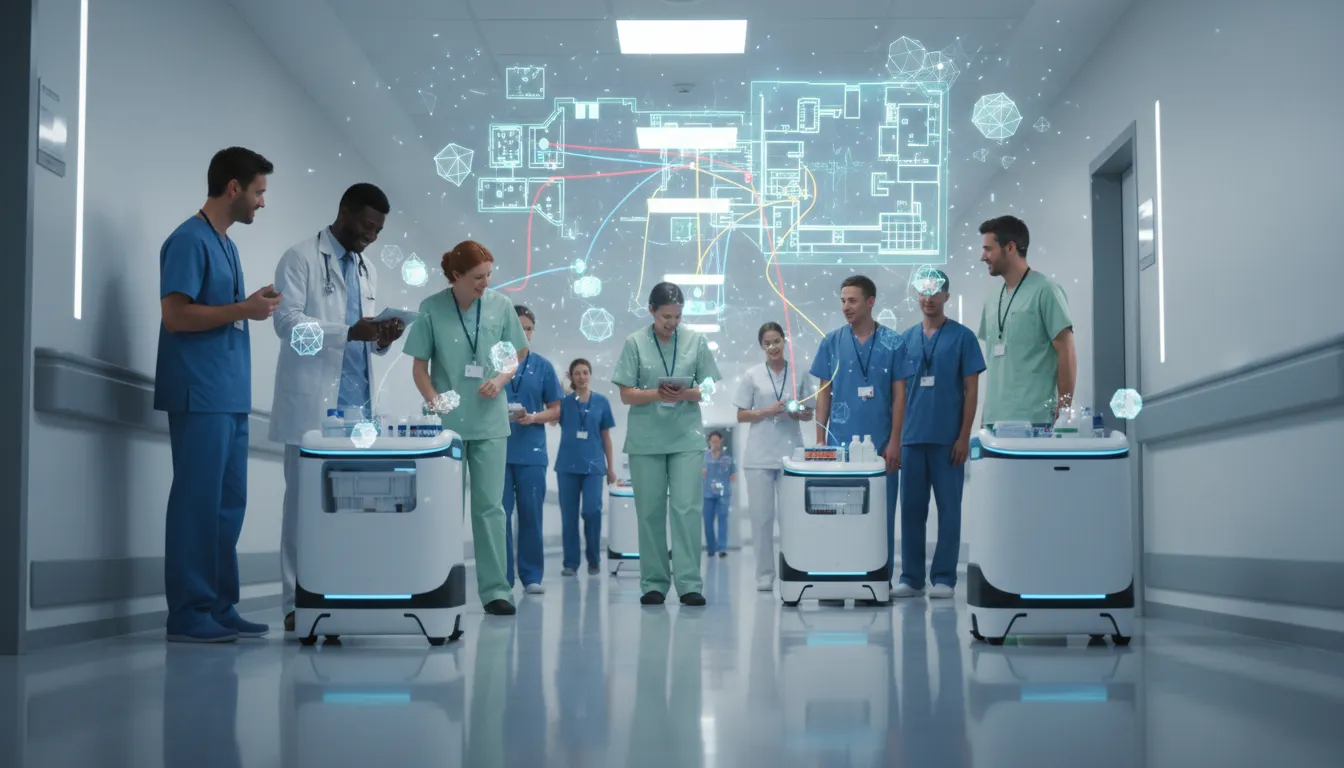 Fotorealistická scéna nemocničního koridoru s autonomními roboty doručujícími materiál a zdravotnickým personálem vedle holografického digitálního dvojčete