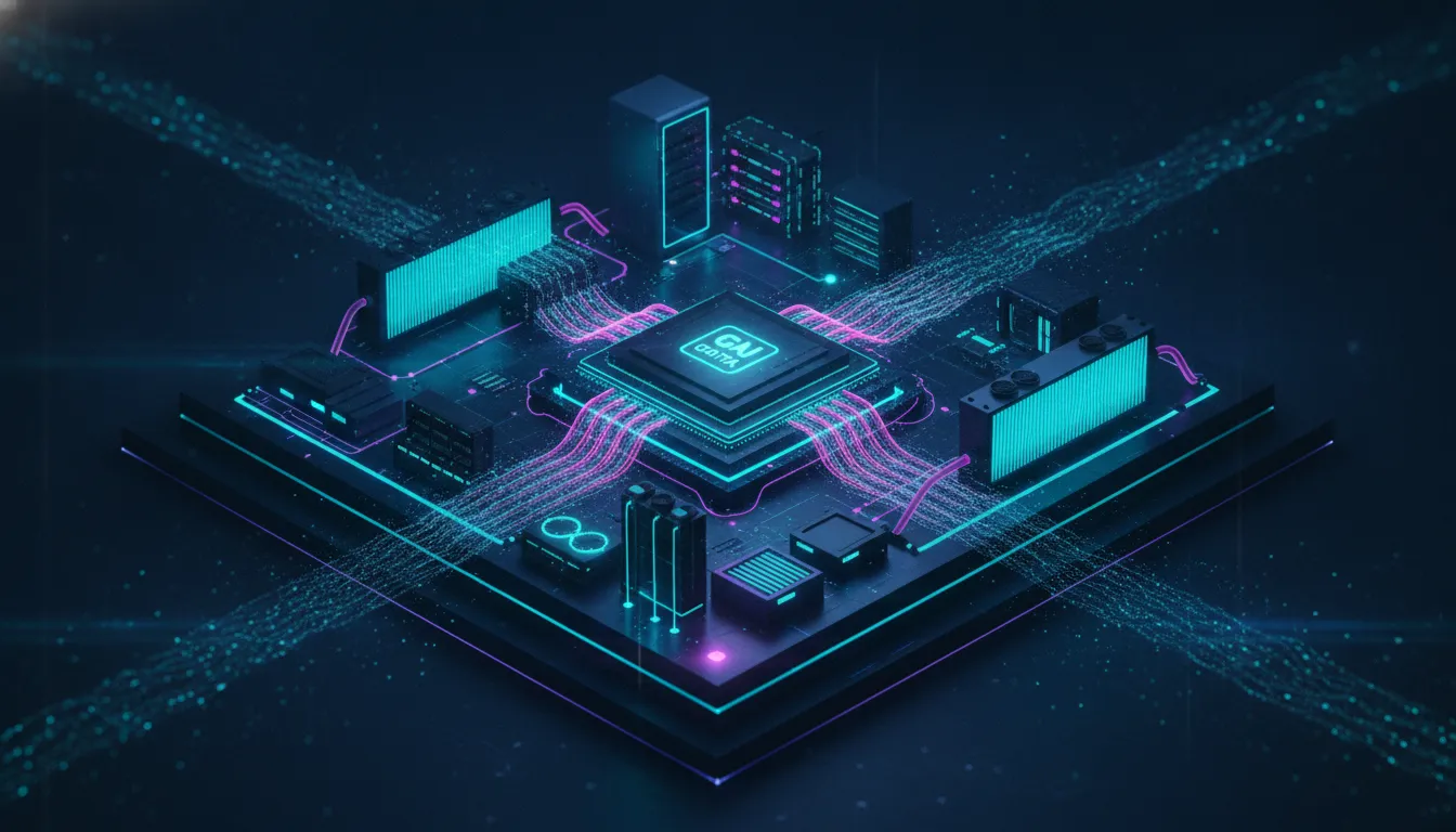 Futuristické propojené datové centrum pro trénink frontier AI s chlazením, rozvodem energie a proudy dat mezi moduly