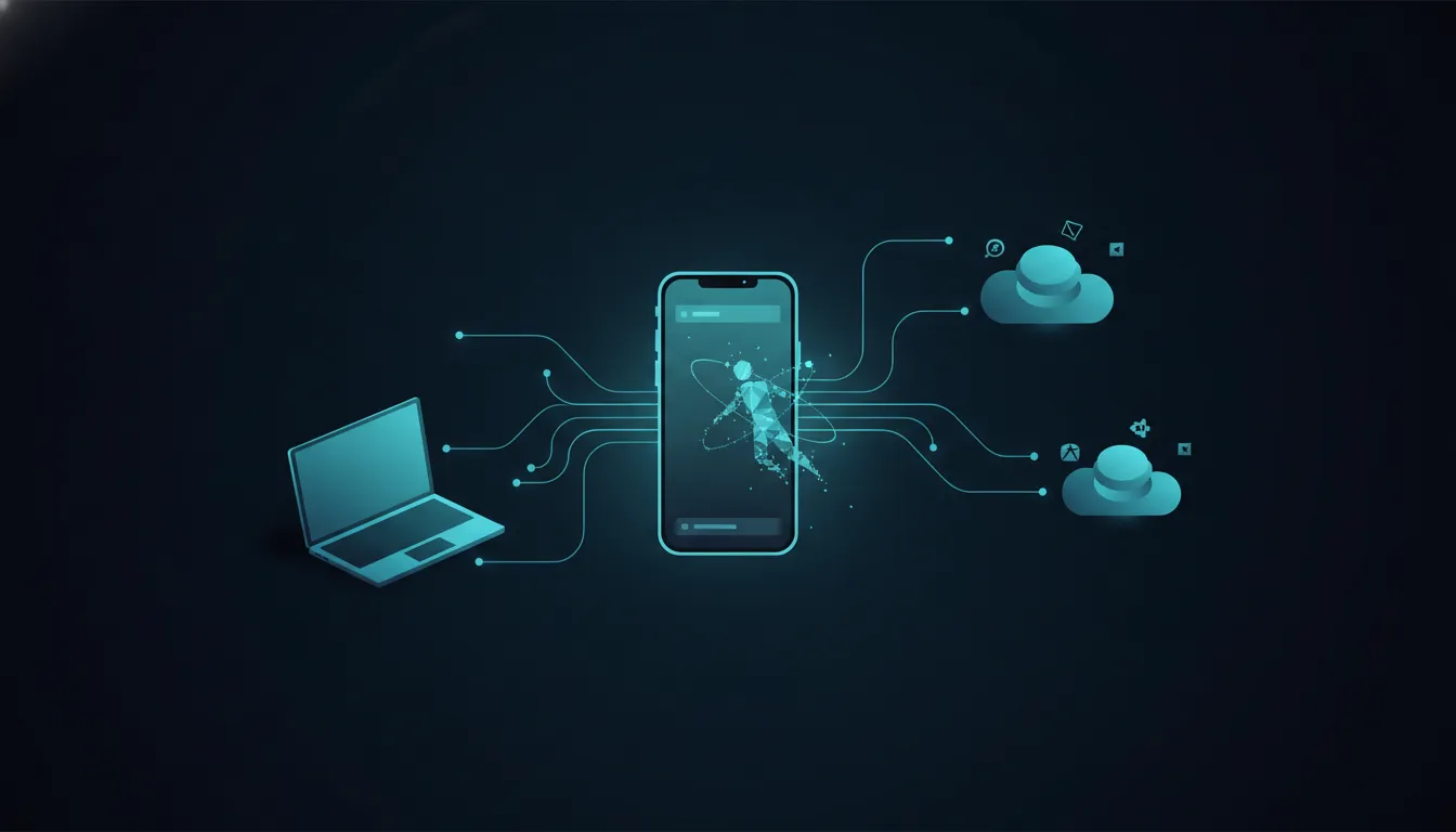 Ilustrace propojení mobilní aplikace s AI agentem a předáváním úkolů mezi telefonem a počítačem