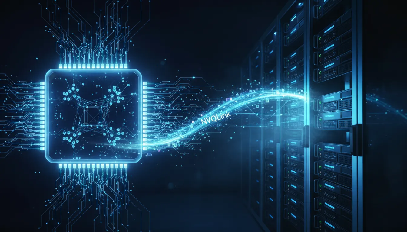 Conceptual photorealistic illustration of a luminous data bridge connecting a quantum processor to a GPU/HPC supercomputer cluster.