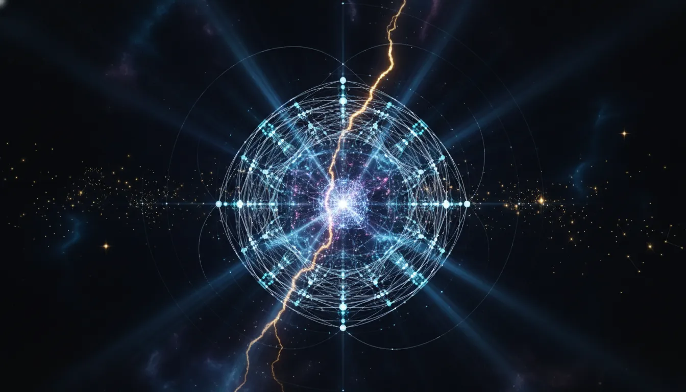 Futuristic illustration of a reasoning model breaking through layers of a discrete geometry problem with glowing points and unit-distance circles.
