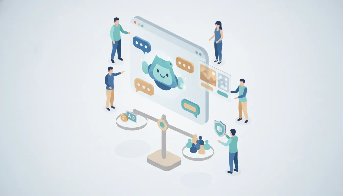 Ilustrace konceptu reklam v ChatGPT ukazující vyvážení reklam, ochranu soukromí a důvěru uživatelů
