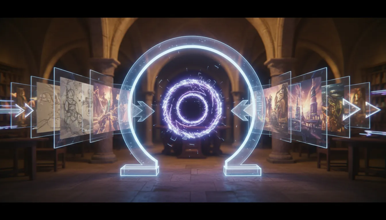 Renesanční ateliér s holografickým AI portálem zobrazujícím přechod od skic k ostrým detailům bez jakýchkoli textů