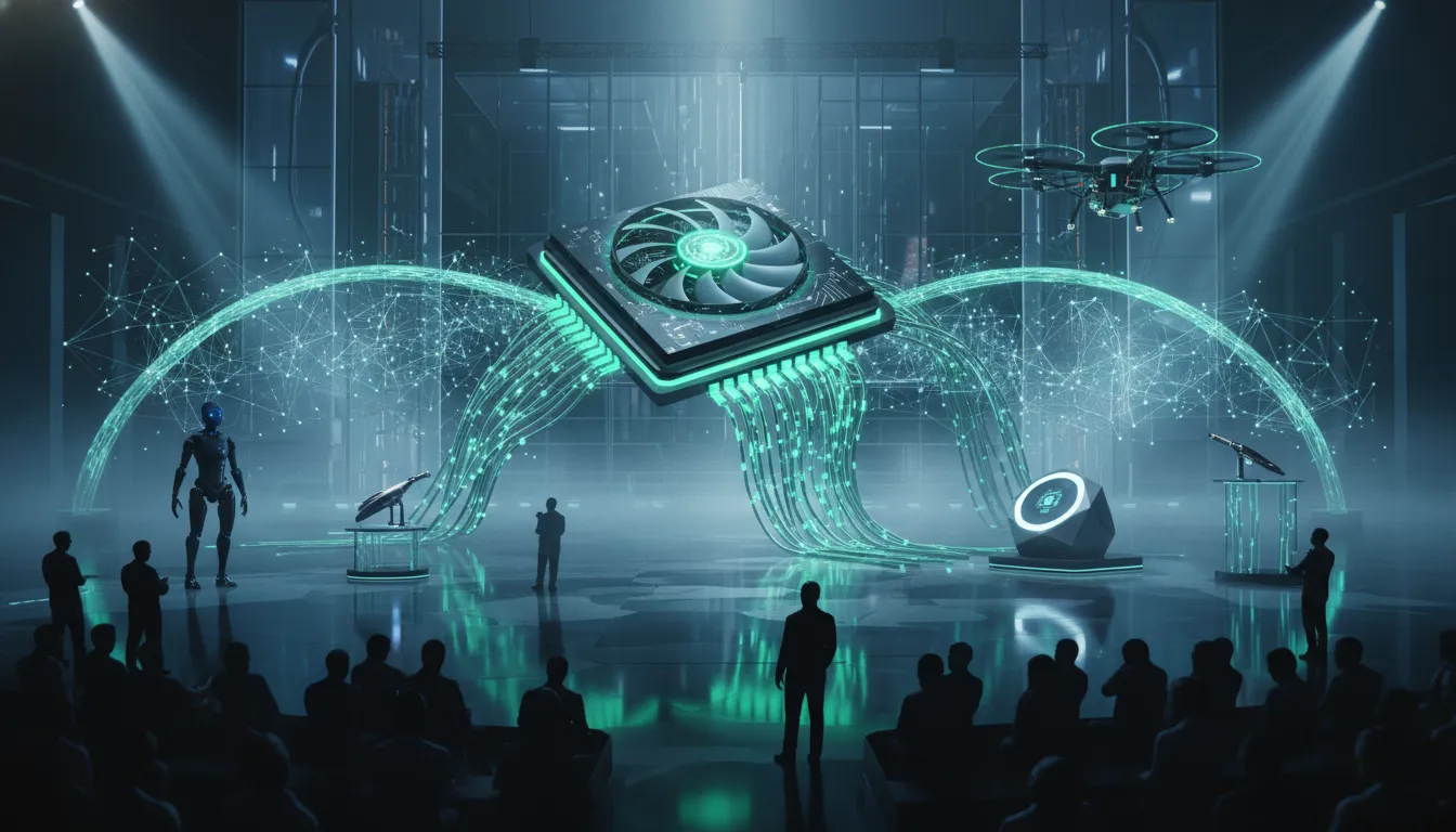 Futuristic CES-style stage with a glowing GPU-like sculpture emitting luminous data streams that morph into holographic neural networks connecting to a robot, smart device, surgical instrument, and drone, with silhouetted attendees and dramatic lighting.
