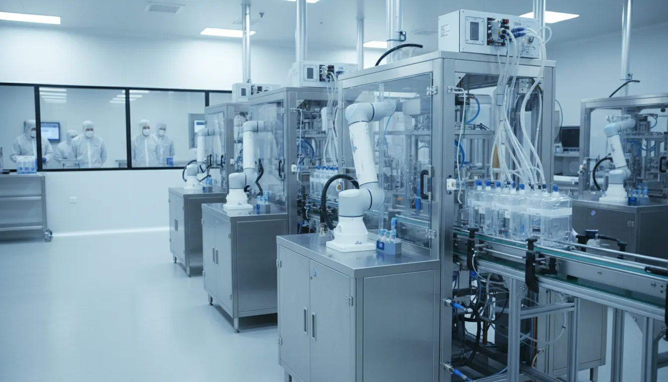 Photorealistic sterile cleanroom with robotic arms operating modular bioreactors for scalable cell therapy manufacturing, technicians in cleanroom suits observing