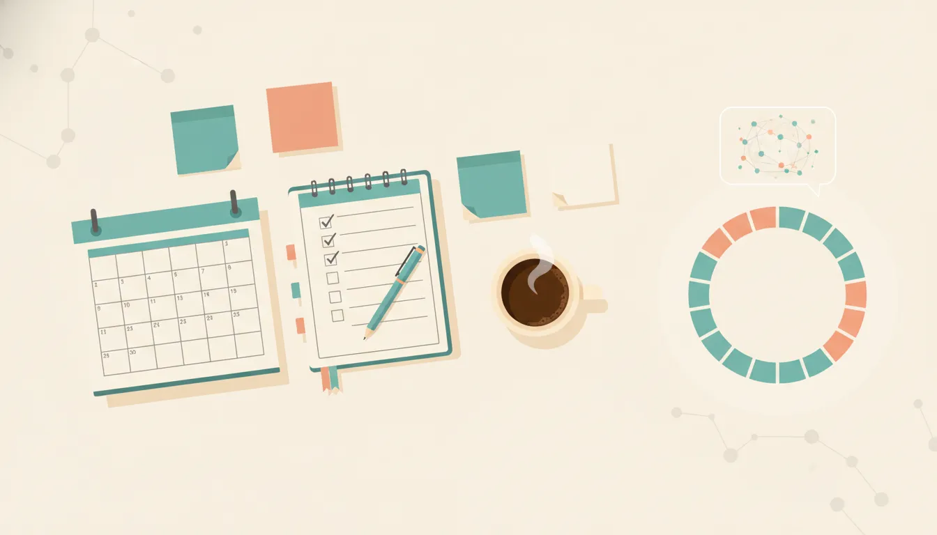 Moderní ilustrace plánování cílů s ChatGPT: otevřený měsíční kalendář, plánovač s odškrtnutým seznamem úkolů, kruhový indikátor 12 měsíců a jemné abstraktní AI světlo na čistém pracovním stole, bez textu