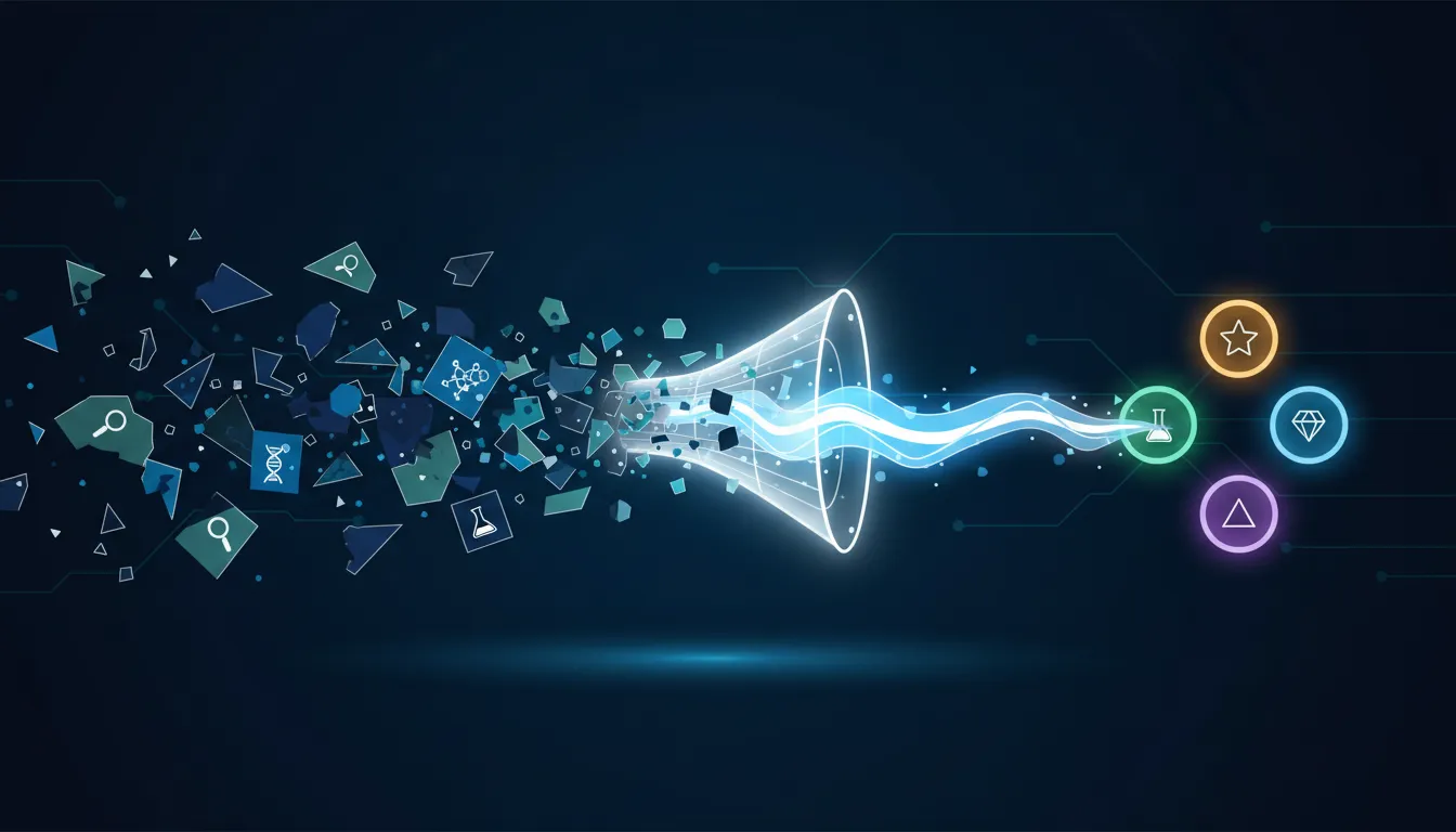 Ilustrace znázorňující shromažďování roztříštěných vědeckých důkazů do rozhodovacího rámce pro farmaceutický výzkum, se třemi zvýrazněnými cíli pro astma – bez textu.