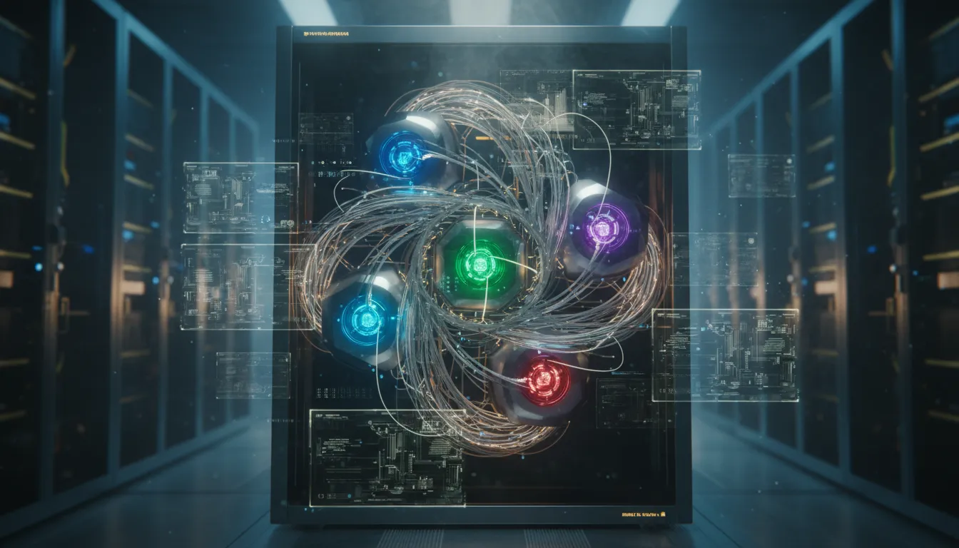 Concept of the Rubin AI platform: a futuristic AI supercomputer with six interconnected glowing compute modules in a sleek data center rack, linked by high-speed optical interconnects and holographic data flows