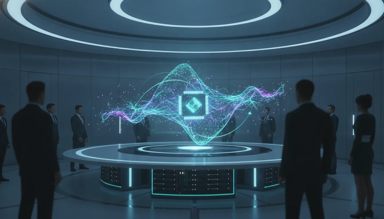Holografická vizualizace rychlého nasazení podnikové AI s optimalizací inference na výkonném GPU v moderním kancelářském prostředí