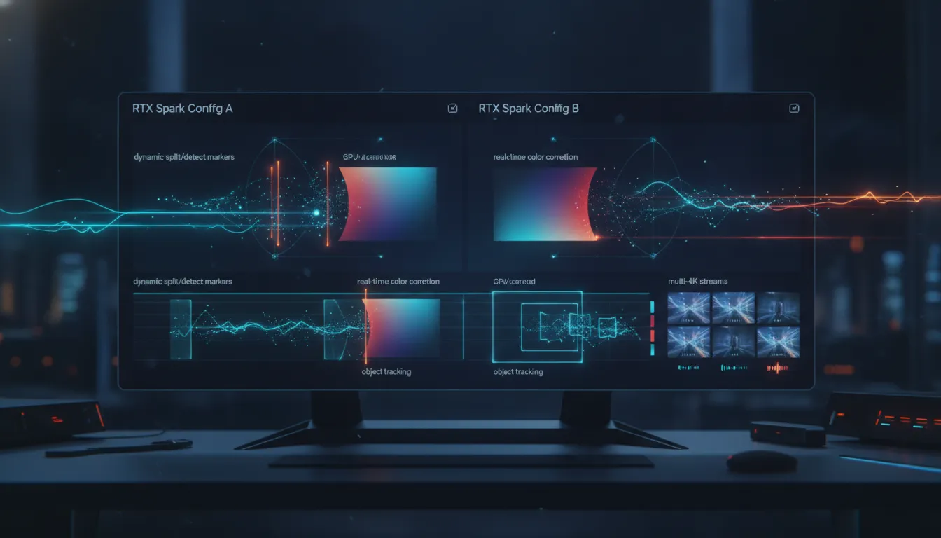 Split-screen illustration of a video editing workstation showing GPU-accelerated faster timeline playback with glowing cut detection, real-time color correction, object mask tracking, and multi-stream 4K processing—no text.