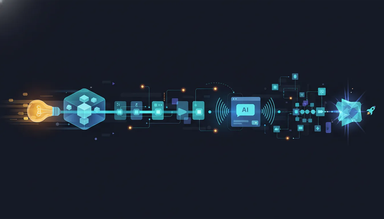 Ilustrace rychlého pracovního toku od nápadu k produkci pomocí AI, prototypu a zabezpečeného nasazení přes propojené komponenty a API (bez textu).
