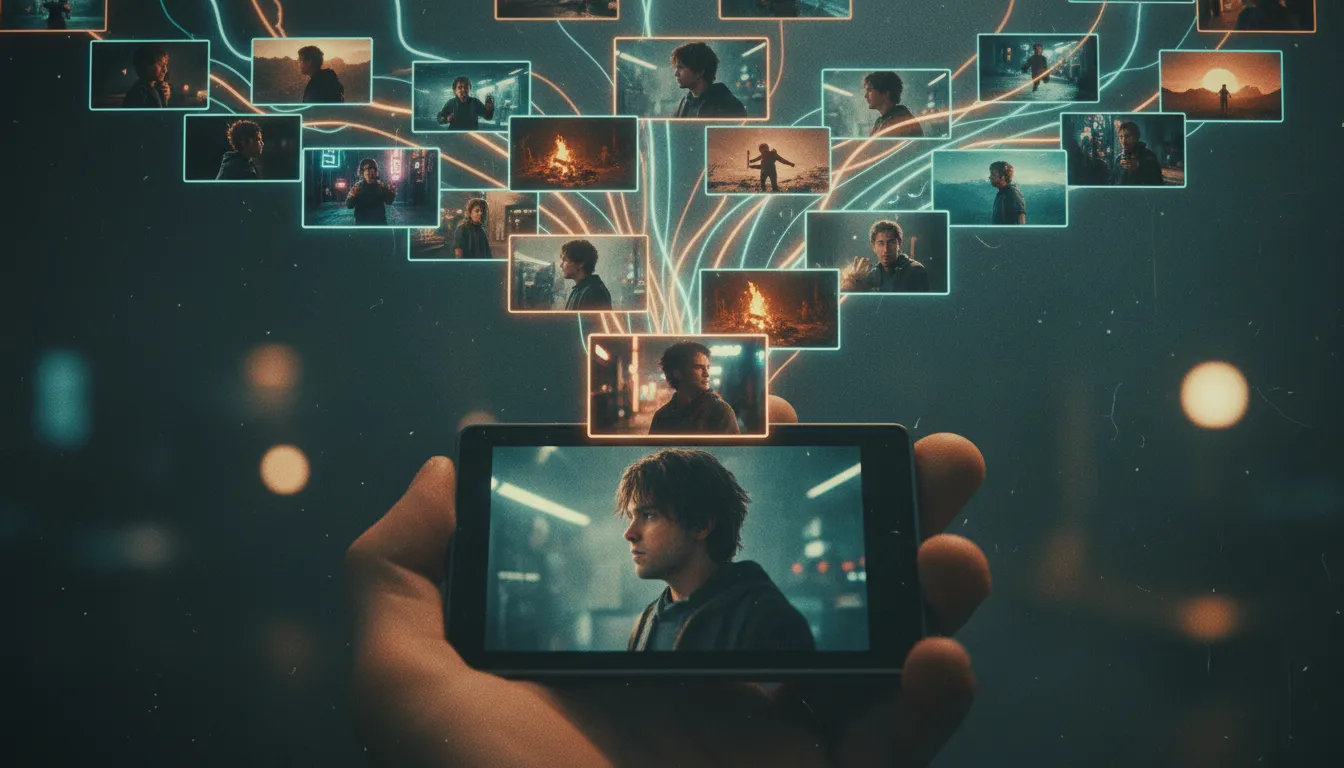 Cinematický obraz jednoho snímku na digitální obrazovce, který se rozvětvuje do kaskády mírně odlišných záběrů téže postavy spojených svítícími liniemi, filmové zabarvení a jemný šum.