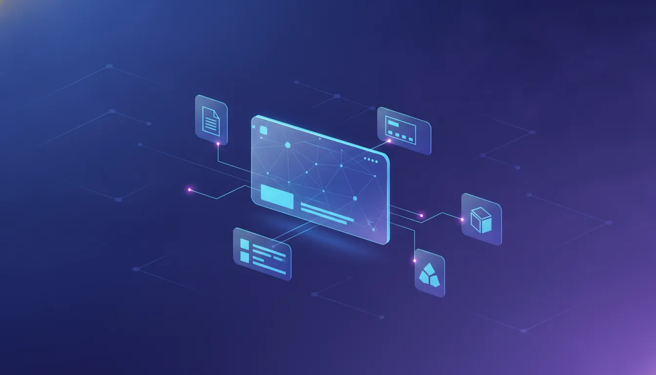 Ilustrace moderního sdíleného launch webu pro týmové spuštění projektů propojující dokumenty, prezentace a plán pomocí vizuálních uzlů a spojnic bez textu.