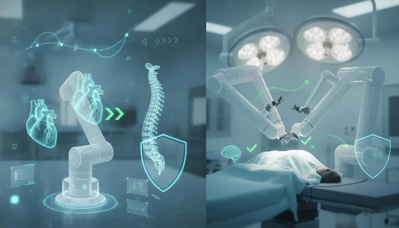 Holografické simulace propojující zdravotnický robot s prostředím nemocnice, symbol bezpečnějšího a rychlejšího vývoje bez textu.