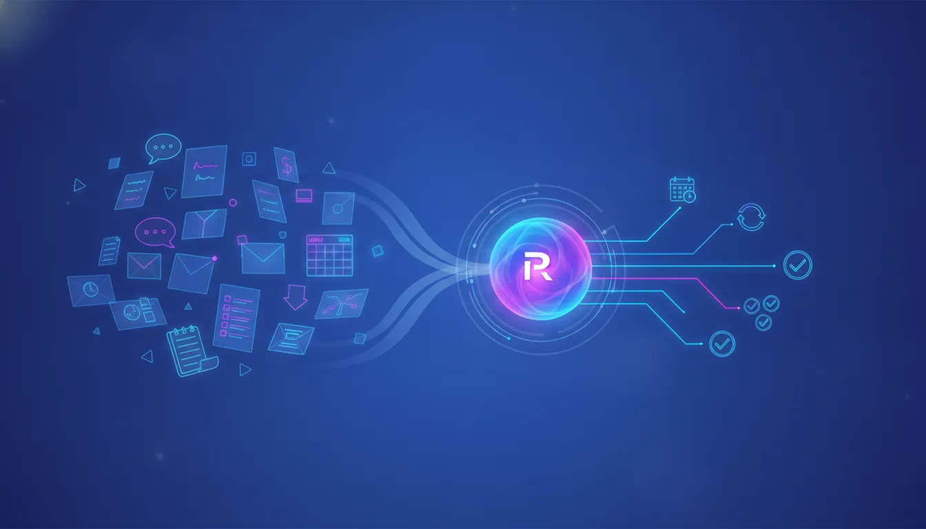 Ilustrace ukazující sjednocení roztříštěných informací napříč týmy do jednoho AI workflow centra a rychlejší realizaci zákaznických úkolů bez použití textu.