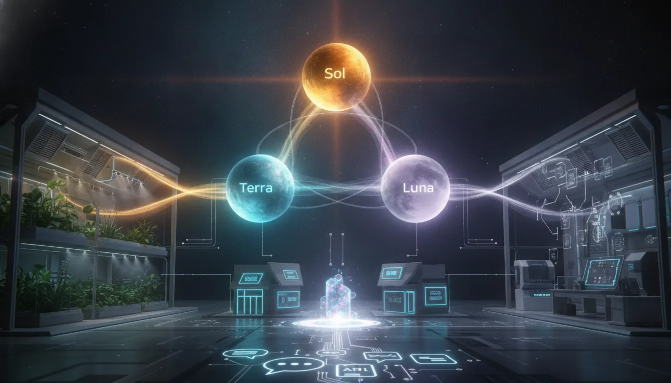 Tři AI související sférické symboly Sol, Terra a Luna propojené světelnými datovými trasami k skleníku, malému podniku a výzkumné laboratoři bez jakéhokoli textu.