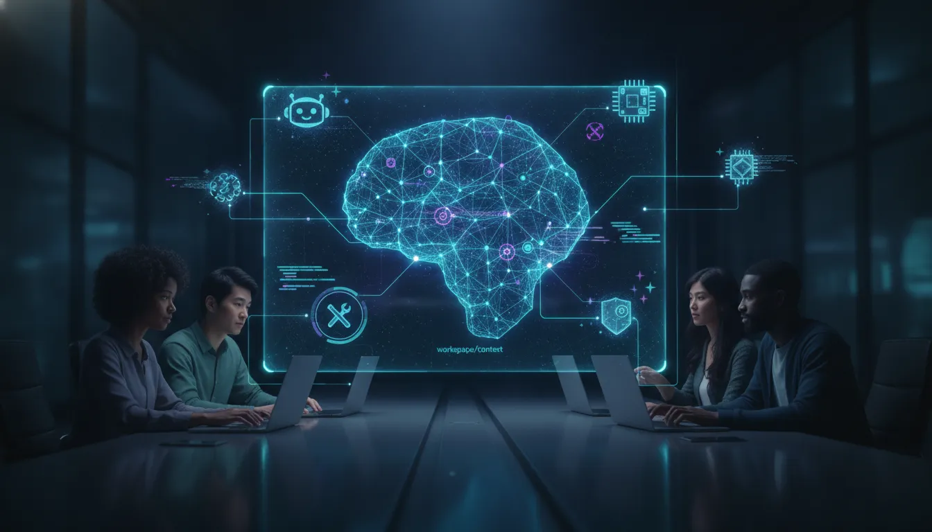 Ilustrace spolupráce týmu s AI agenty a sdíleným kontextem v prostředí moderního vývoje open source