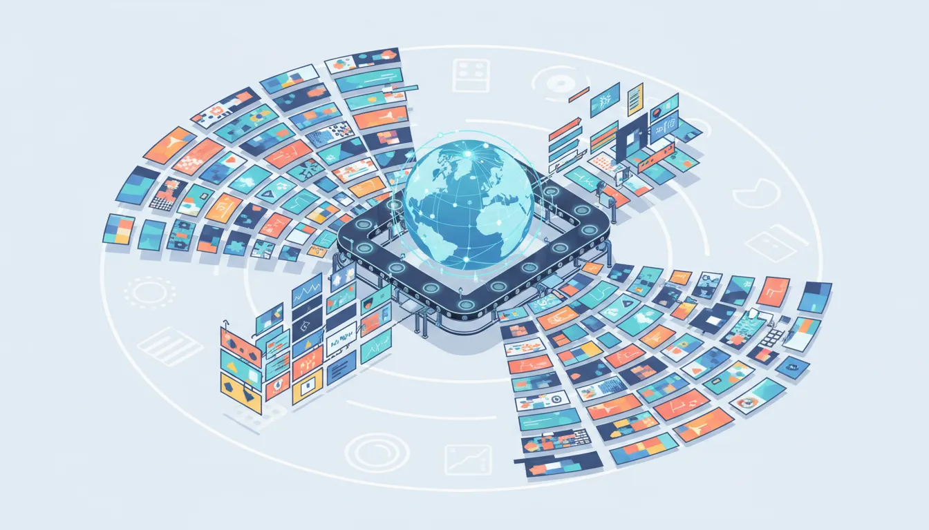 Ilustrace globálního škálování performance marketingu: výrobní linka kolem stylizovaného glóbu vytváří stovky barevných digitálních reklamních karet, znázorňující rychlost, objem a rozmanitost bez textu.