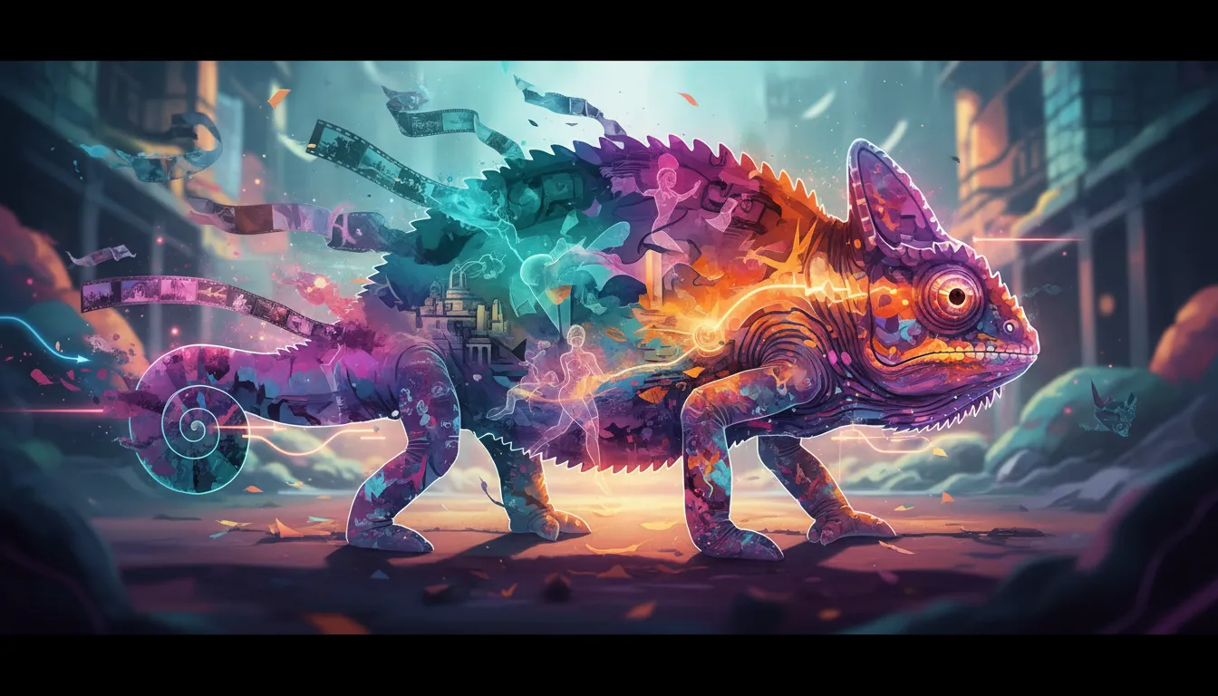 Surrealní chameleon tvořený vrstvami světla a obrazů, který se transformuje jako vizuální vyprávění bez textu.