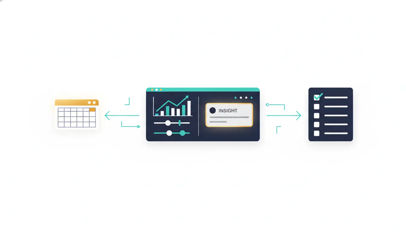 Ilustrace znázorňující převod dat z tabulek do analytického dashboardu a následného rozhodnutí připraveného pro vedení, bez textu.
