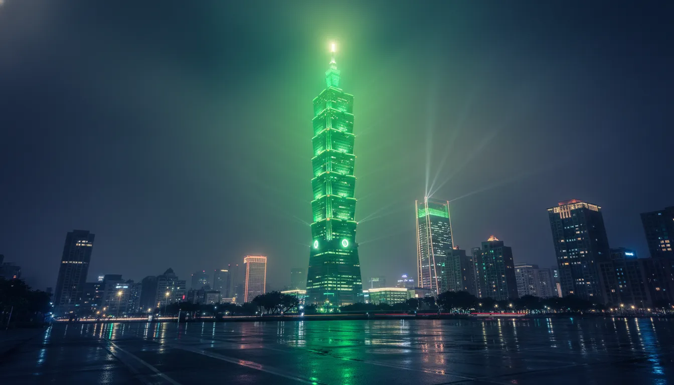 Noční pohled na mrakodrap Taipei 101 s výrazným zeleným světelným akcentem jako pocta technologické události