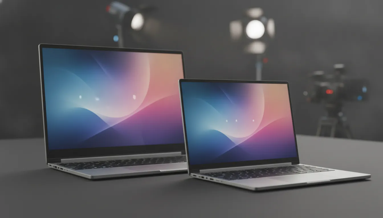 Dva tenké profesionální kreativní notebooky s otevřenými OLED displeji a moderním studio osvětlením, bez textu a log