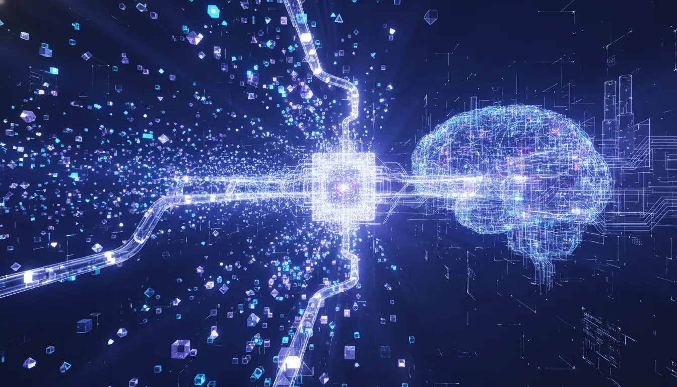 Abstract futuristic scene of glowing token-like data particles flowing into a neural network core, forming an AI factory concept with holographic circuitry and intelligence beams.
