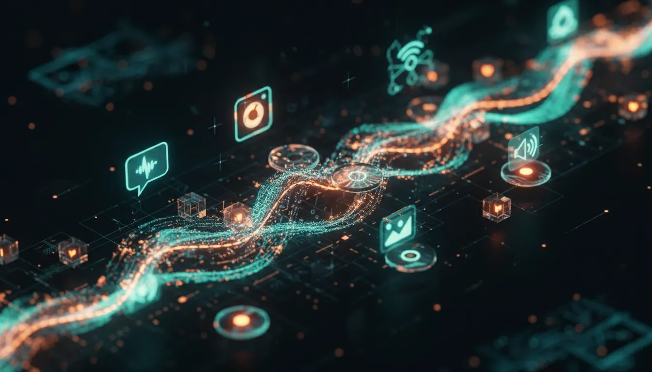 Abstraktní 3D vizualizace tokenů jako zářících stavebních kamenů AI skládajících se do vláken připomínajících text, kód a multimodální data