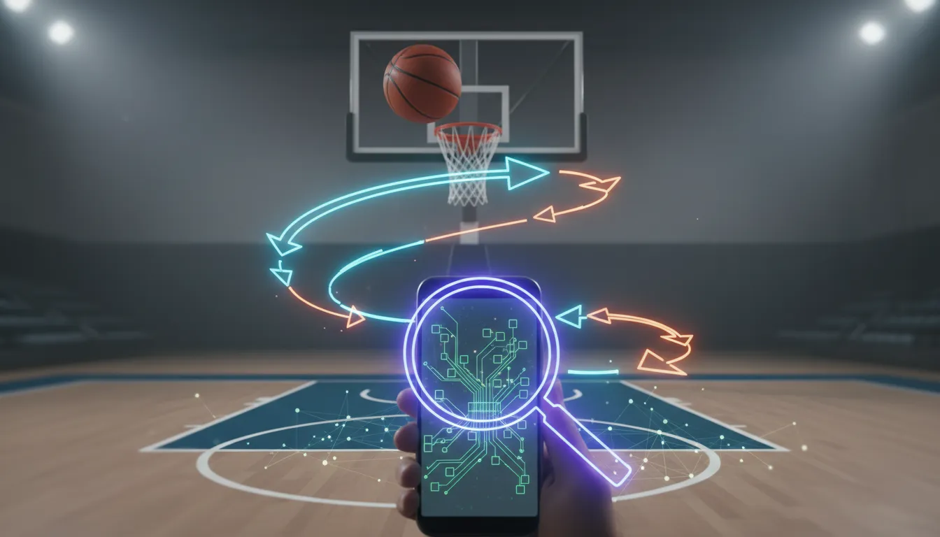 Ilustrace basketbalového tréninku s trojkovou čárou a opakovanou drahou střel, symbolizující zlepšení střelby pomocí vyhledávání a práce.