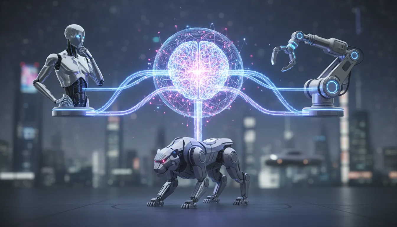 Ilustrace univerzální robotické inteligence s centrálním zářícím jádrem propojeným s humanoidním robotem, průmyslovým robotickým ramenem a čtyřnohým inspekčním robotem.