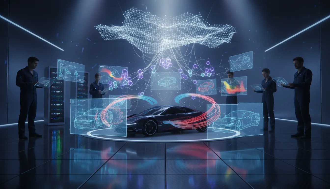 Futuristická laboratoř s moderním sportovním vozem obklopeným holografickými simulacemi poháněnými fyzikou, AI agenty a GPU servery