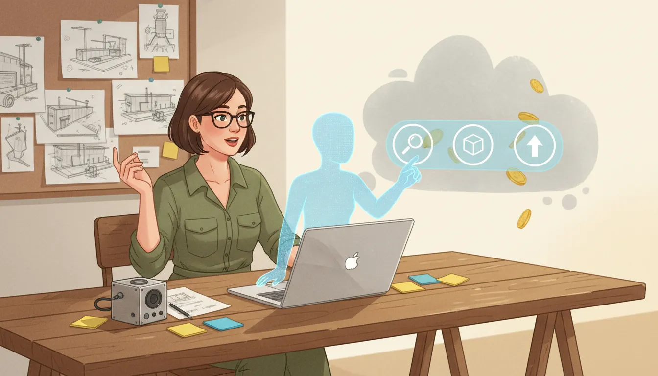 Podnikatelka konzultuje nápad s holografickým asistentem u stolu s náčrty, prototypem a ikonou finančního rizika