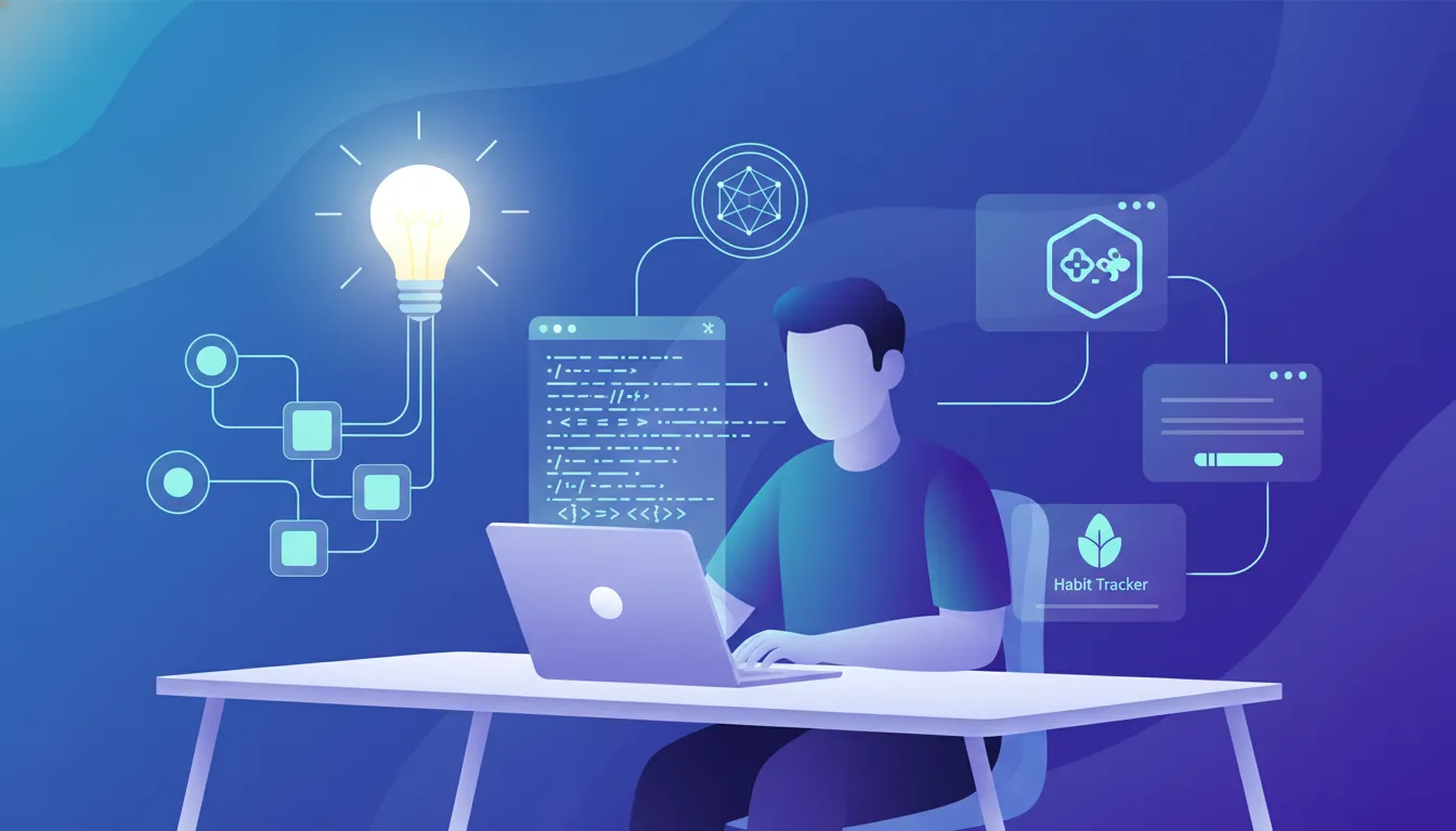 Ilustrace vibe coding s osobou u notebooku a holografickými komponentami aplikace propojenými světelnými uzly bez textu.