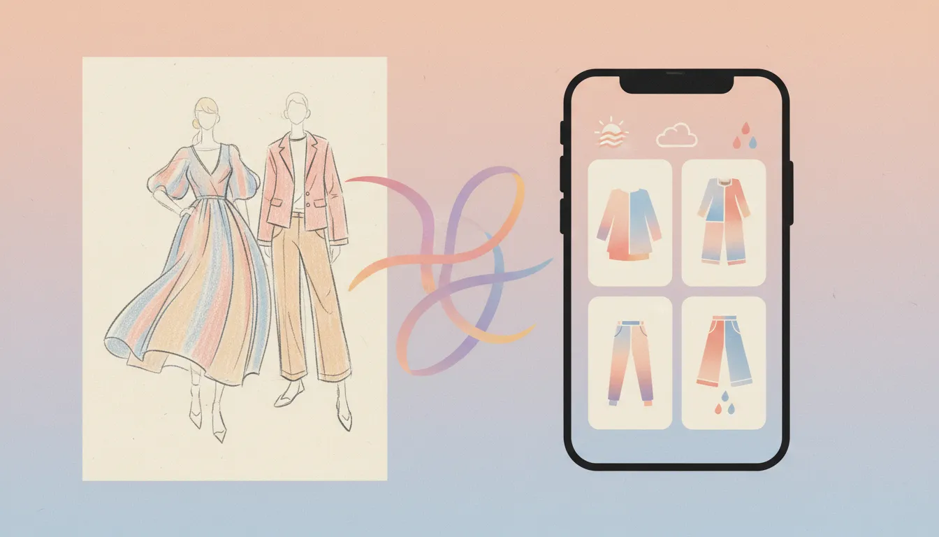 Ilustrace bez textu ukazující proměnu kresby v AI aplikaci virtuálního šatníku reagujícího na počasí