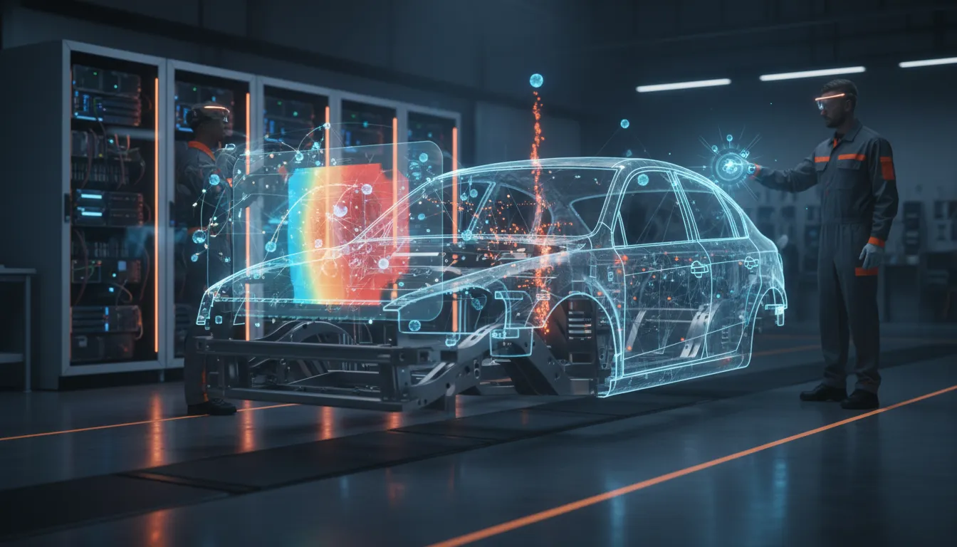 Fotorealistické průmyslové prostředí s holografickým virtuálním dvojčetem a fyzikálními simulacemi, inženýři pracují s hologramem