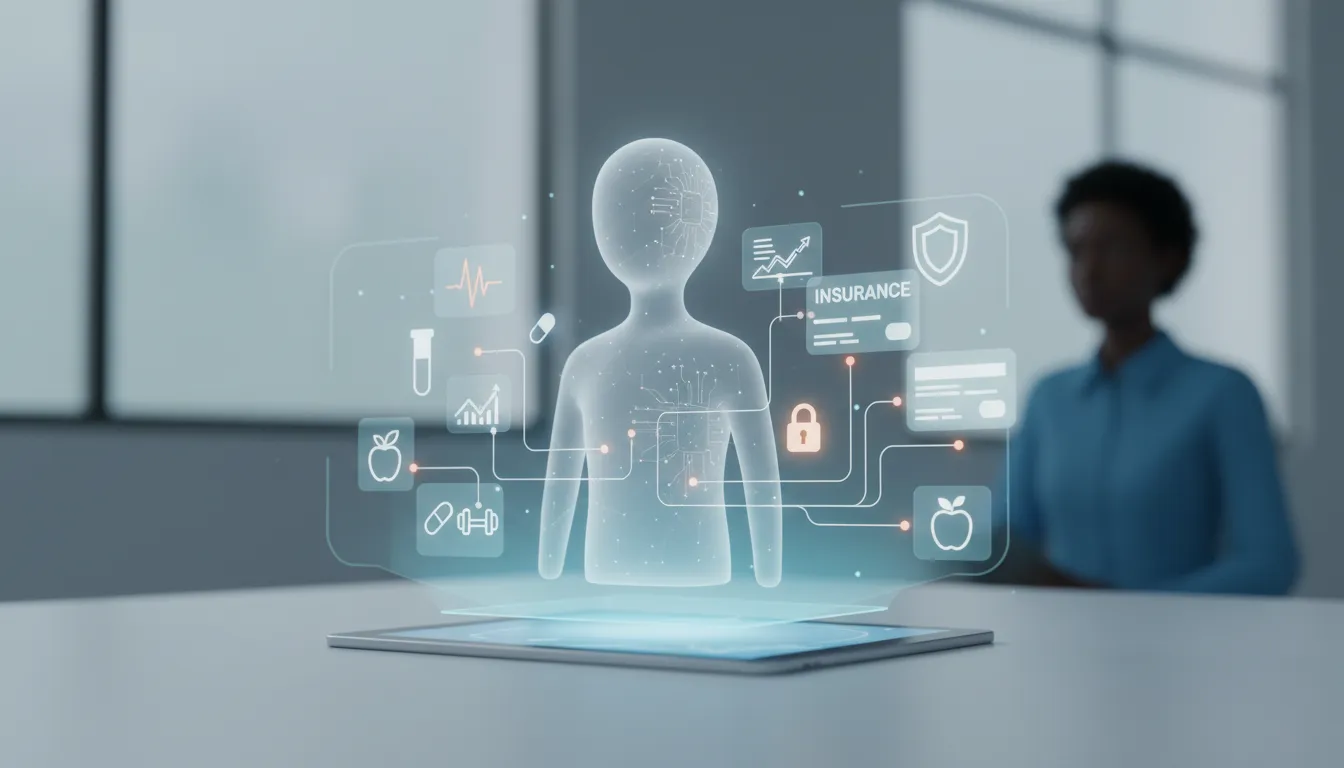 Digitální asistent AI nad holografickými zdravotními grafy a ikonami testů, cvičení a léků spojenými s plány pojištění a štítem zabezpečení, koncept výběru správného zdravotního pojištění