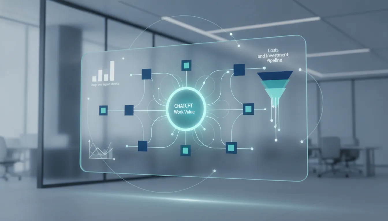 Ilustrace bez textu znázorňující analytický dashboard pro vyhodnocení hodnoty a využití ChatGPT Work napříč týmy v organizaci.