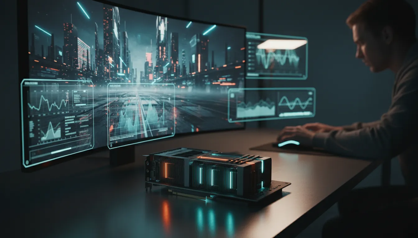 Vývojář u pracovního stolu s velkou zářící GPU s vystavenými VRAM moduly a holografickým zobrazením rozsáhlé 3D scény v reálném čase