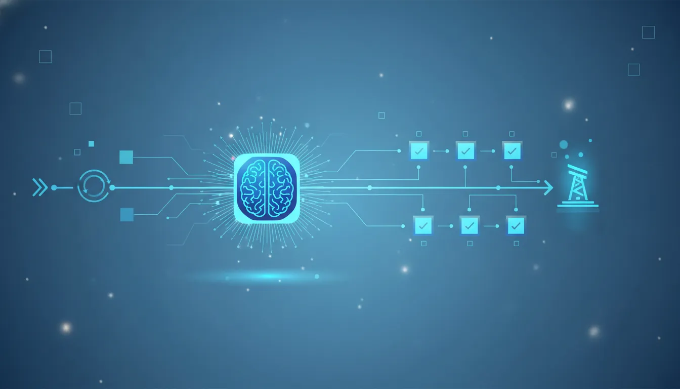 Ilustrace znázorňující zlepšené plánování pomocí AI propojující centrální model s víceetapovým blueprintem a plynulým průběhem práce bez textu.