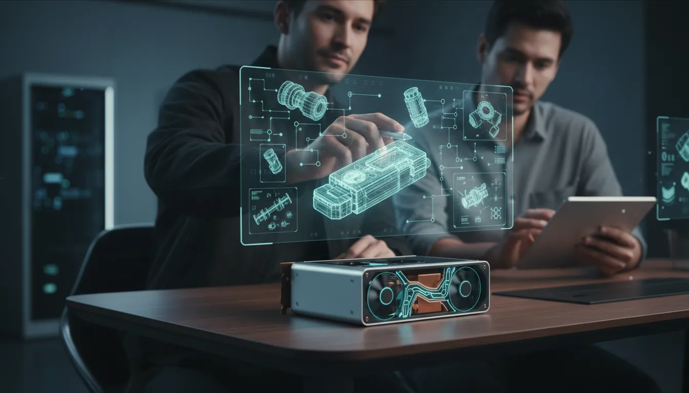 Kompaktní profesionální grafická karta na pracovním stole s holografickými 3D CAD modely a abstraktním uzlovým rozhraním generativní AI, dva inženýři spolupracují v moderním ateliéru, bez textu