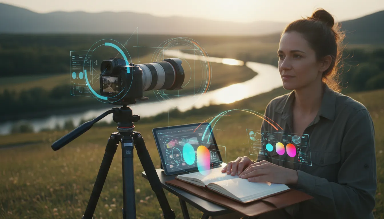 Fotograaf in het veld met een camera en subtiele holografische AI-overlays die helpen bij compositie, planning en licht—zonder tekst.