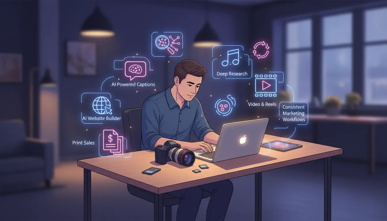 Illustratie van een fotograaf die met AI werkt aan marketing en content zoals captions, website, prints, video, muziek en deep research, zonder tekst